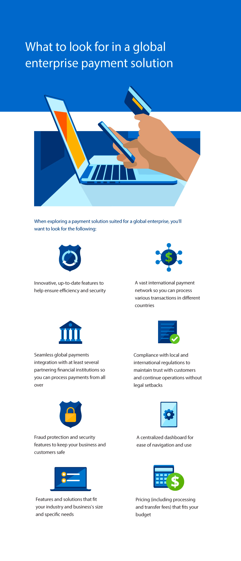 Infographic illustrating What to look for in a global enterprise payment solution