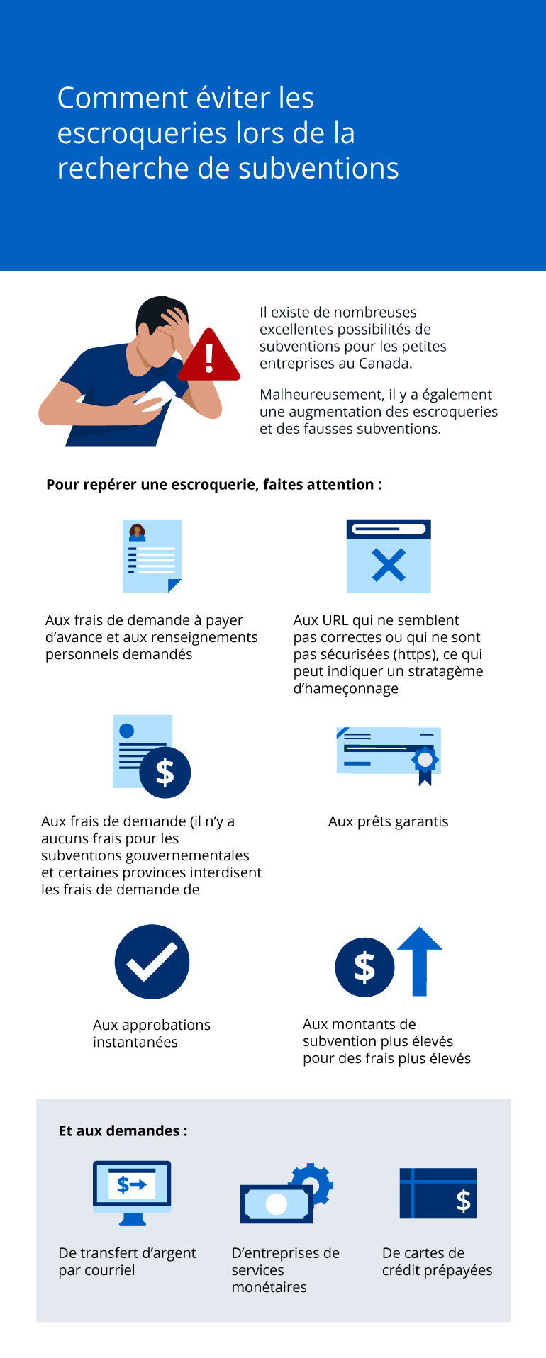 Infographie illustrant des conseils sur la façon d’éviter les escroqueries lors de la recherche de subventions